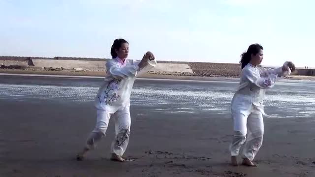 一对美女海边舞动24式太极拳，太美啦！